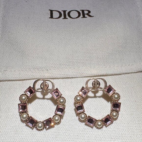 Christian Dior Petit CD w/Pink Crystal & Pearl Round Earrings - Picture 3 of 8